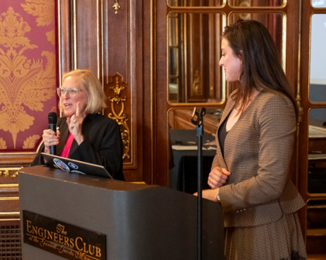 L.R. Sallye Perrin, PE, Chair, State Board for Professional Engineers and Victoria Ballestero, PE speak at a podium