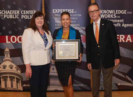 Toni White with Dr. Ann Cotton Executive Director| Schaefer Center for Public Policy 
Director | Maryland Certified Public Manager® Program College of Public Affairs| University of Baltimore and Dr. Ralph O. Mueller Senior Vice President for Academic Affairs and Provost. 
